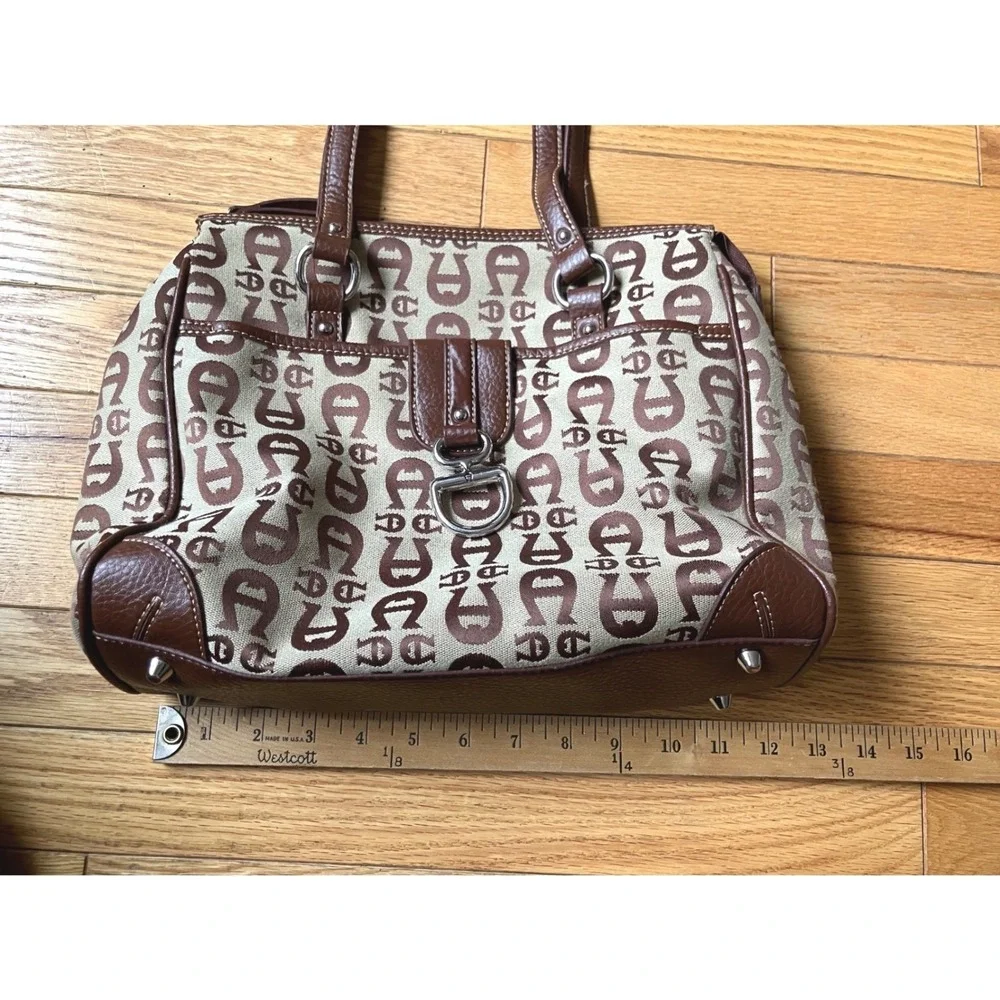 Etienne‎ Aigner Monogram Canvas Shoulder Bag Brown Leather Trim Equestrian